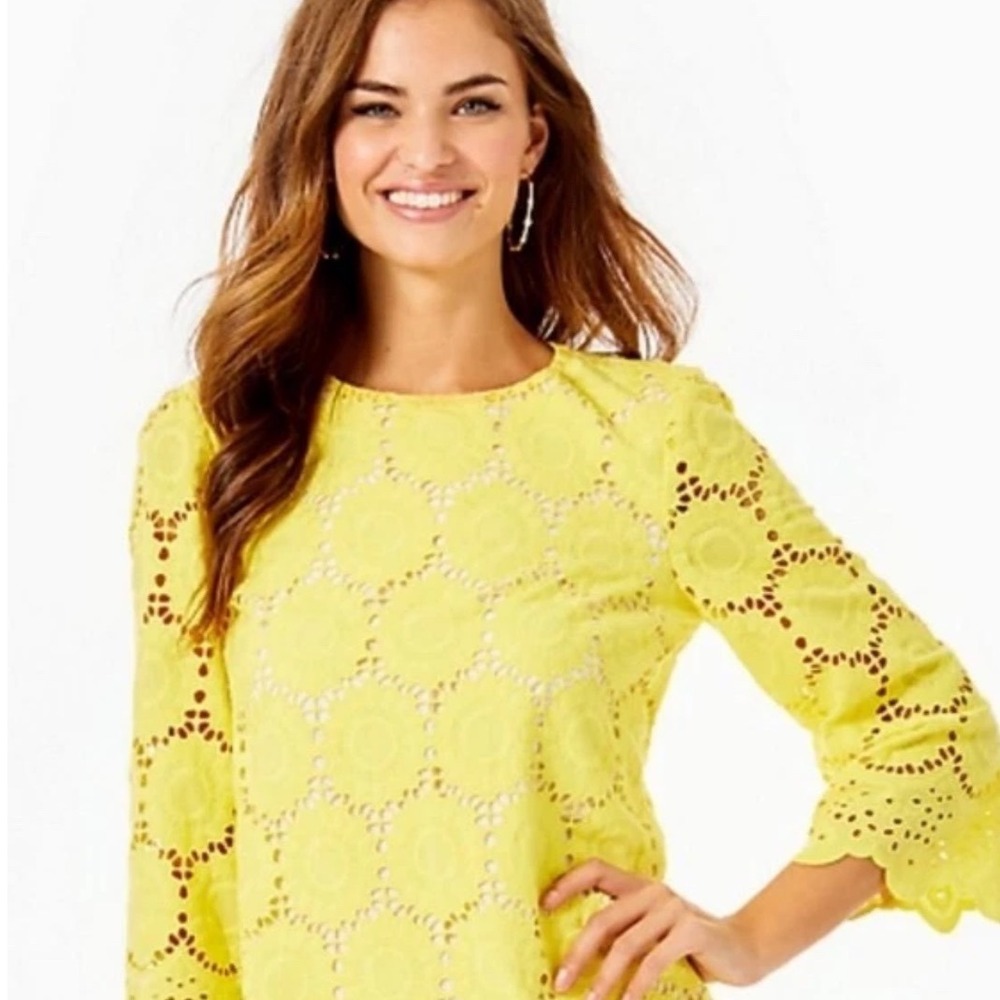 Lilly Pulitzer Yellow Eyelet Lace Blouse 3/4 Sleeve Scalloped Top Mariella XL - Picture 3 of 10